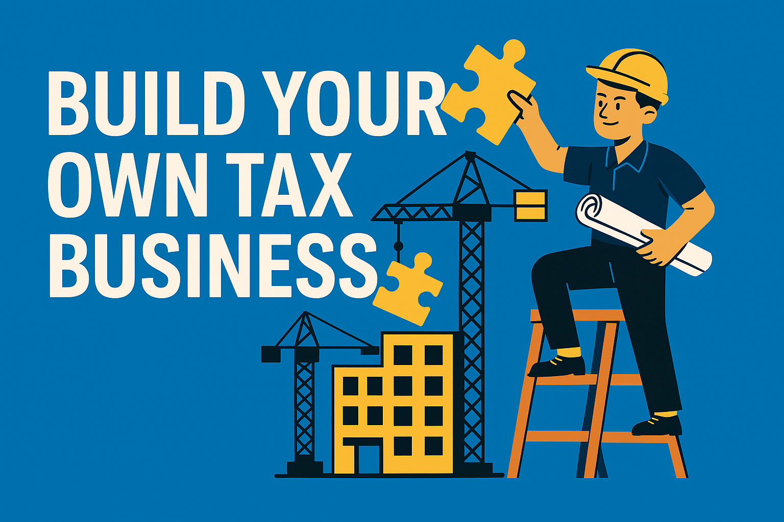 Illustration of a character building a tax business with puzzle pieces and cranes