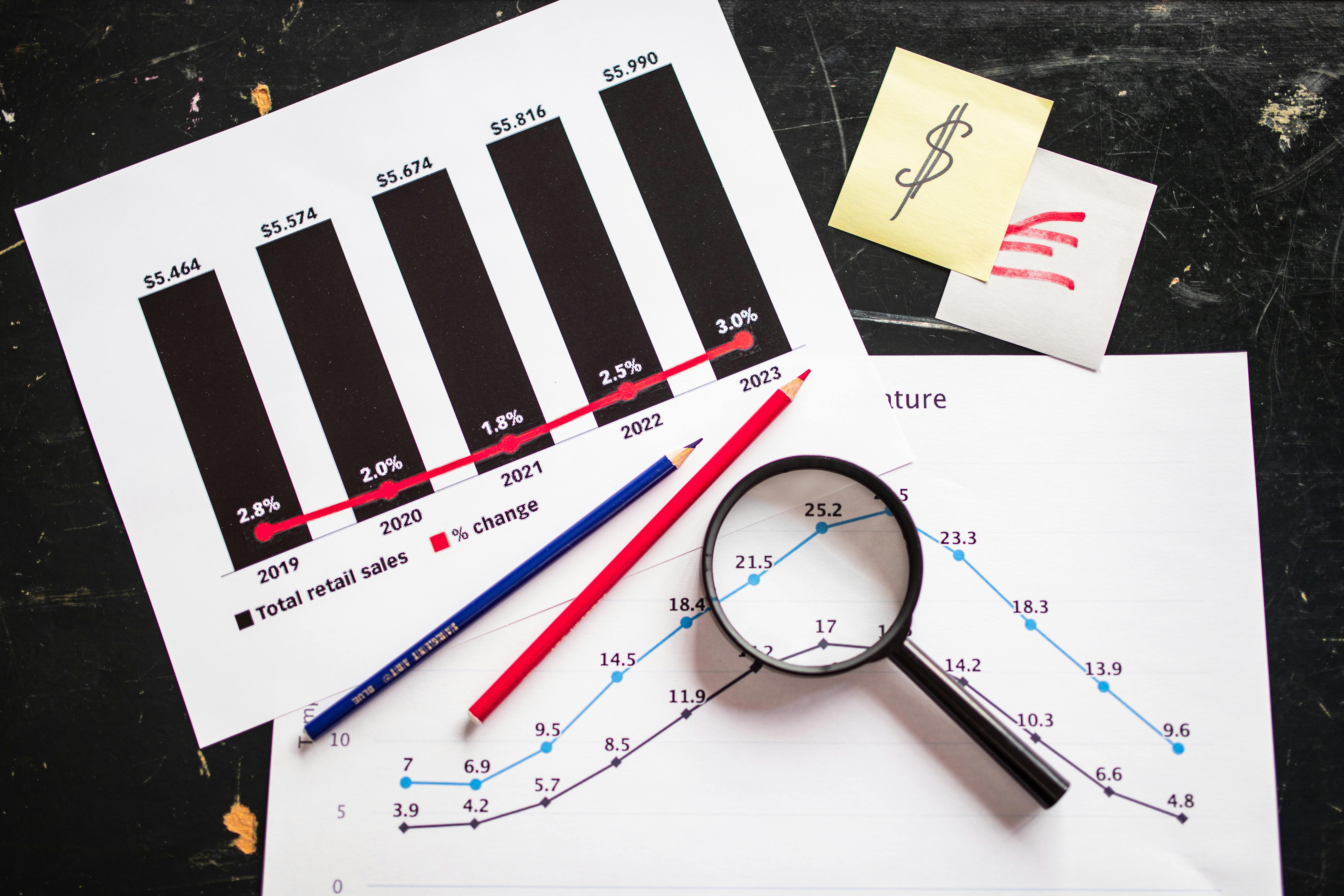 Financial analysis tools including charts, magnifying glass, and calculator for tax preparation